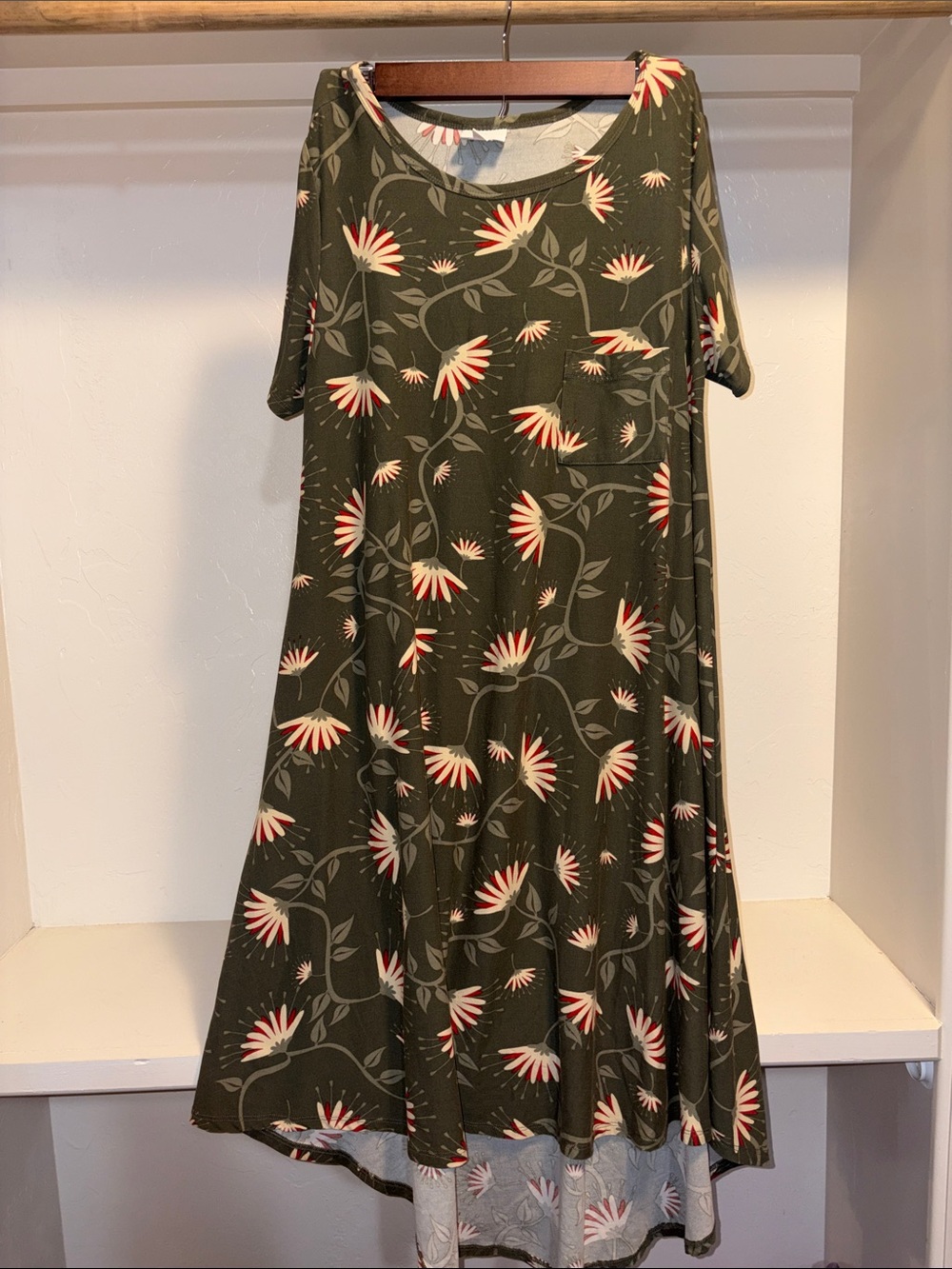 LuLaRoe Olive Green Floral Midi Dress with Cream and Coral Blooms